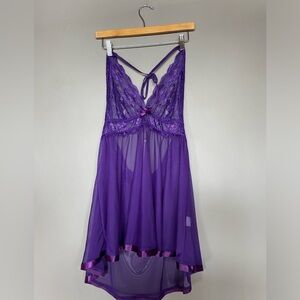 Avid love Sheer Lace Babydoll Nightdress with Satin Bow - Purple